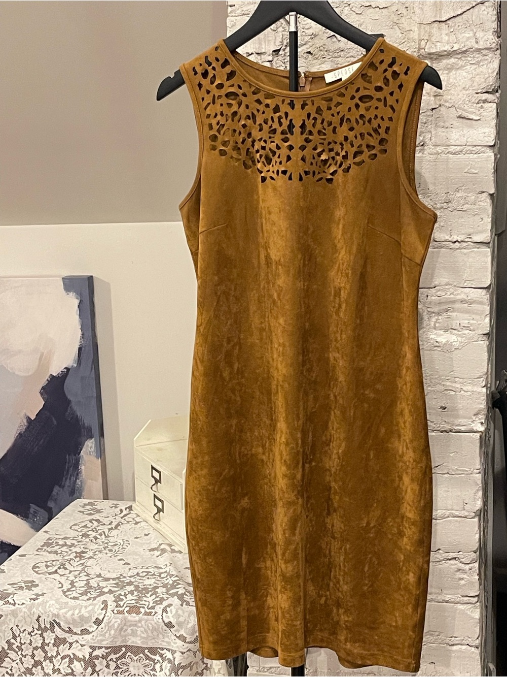 Spense Sleeveless Suede-Look Dress in Mustard Brown